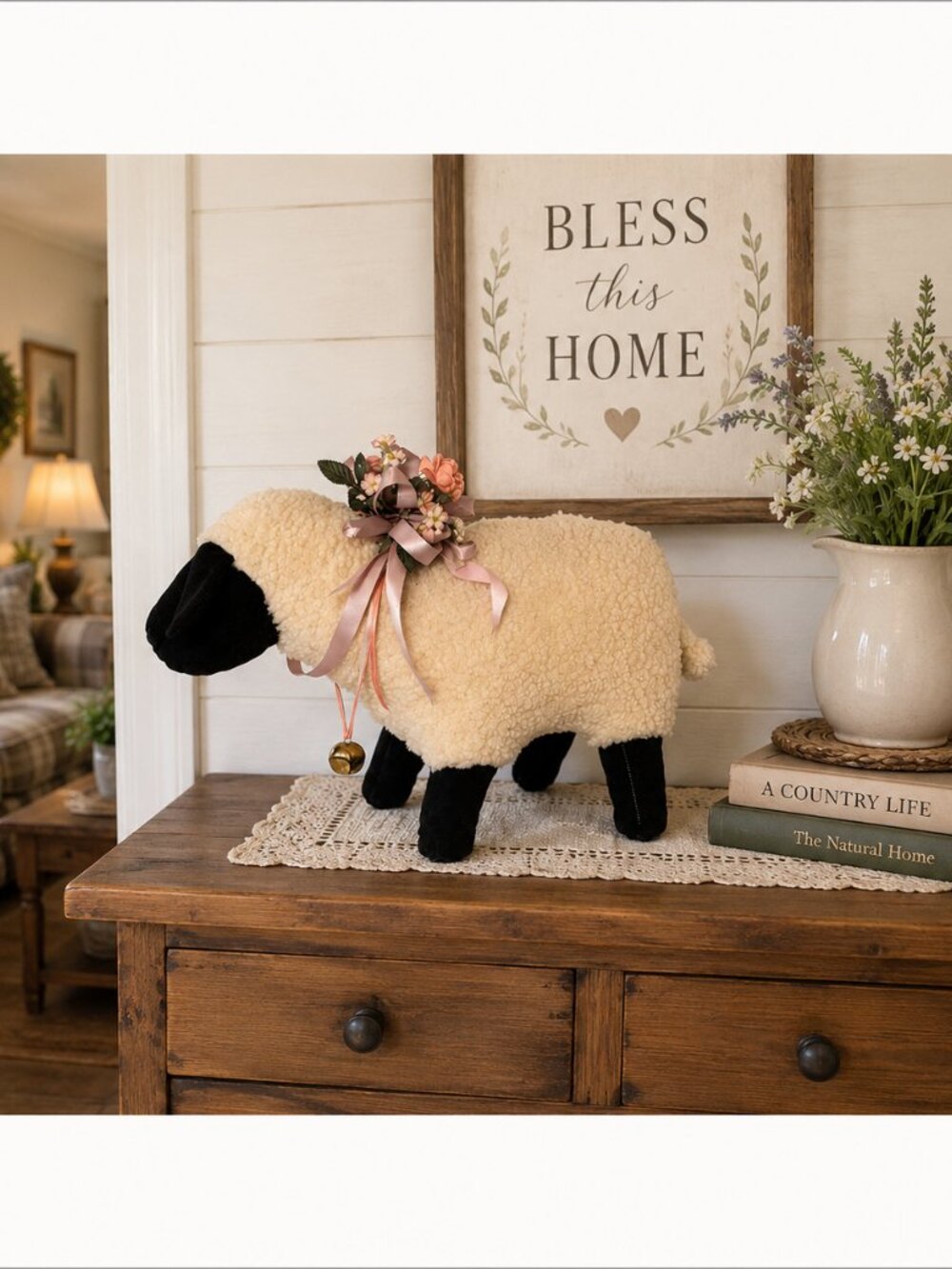 Large Decorative Sheep Lamb Plush Figurine Farmhouse Cottage Easter Decor 19"